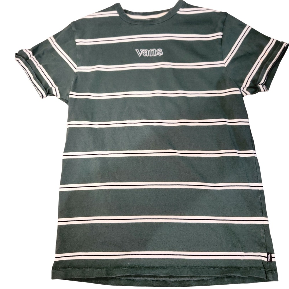 Vans Mens Striped T-Shirt‎ Green White Embroidered Logo Skater Tee Medium
